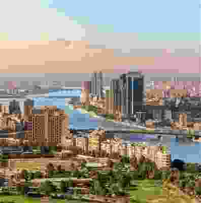 Landscape view of the Nile and skyscrappers in Cairo.
