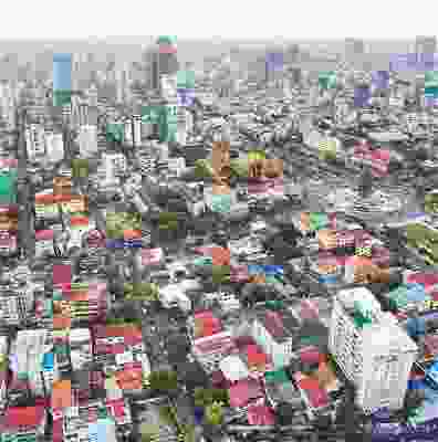 Drone view of Phnom Penh city at daytime.