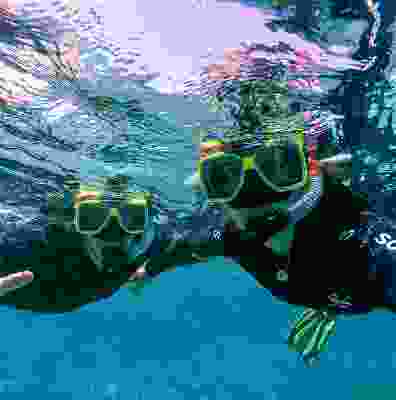 Two travellers taking a picture whilst snorkelling in the Great Barrier Reef.