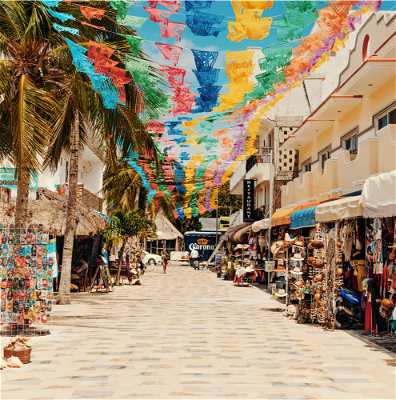 Playa Del Carmen street of shops in Mexico.