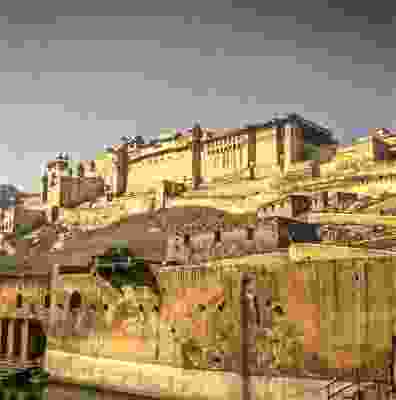 The Amber Fort overlooking the Maota Lake in Jaipur.