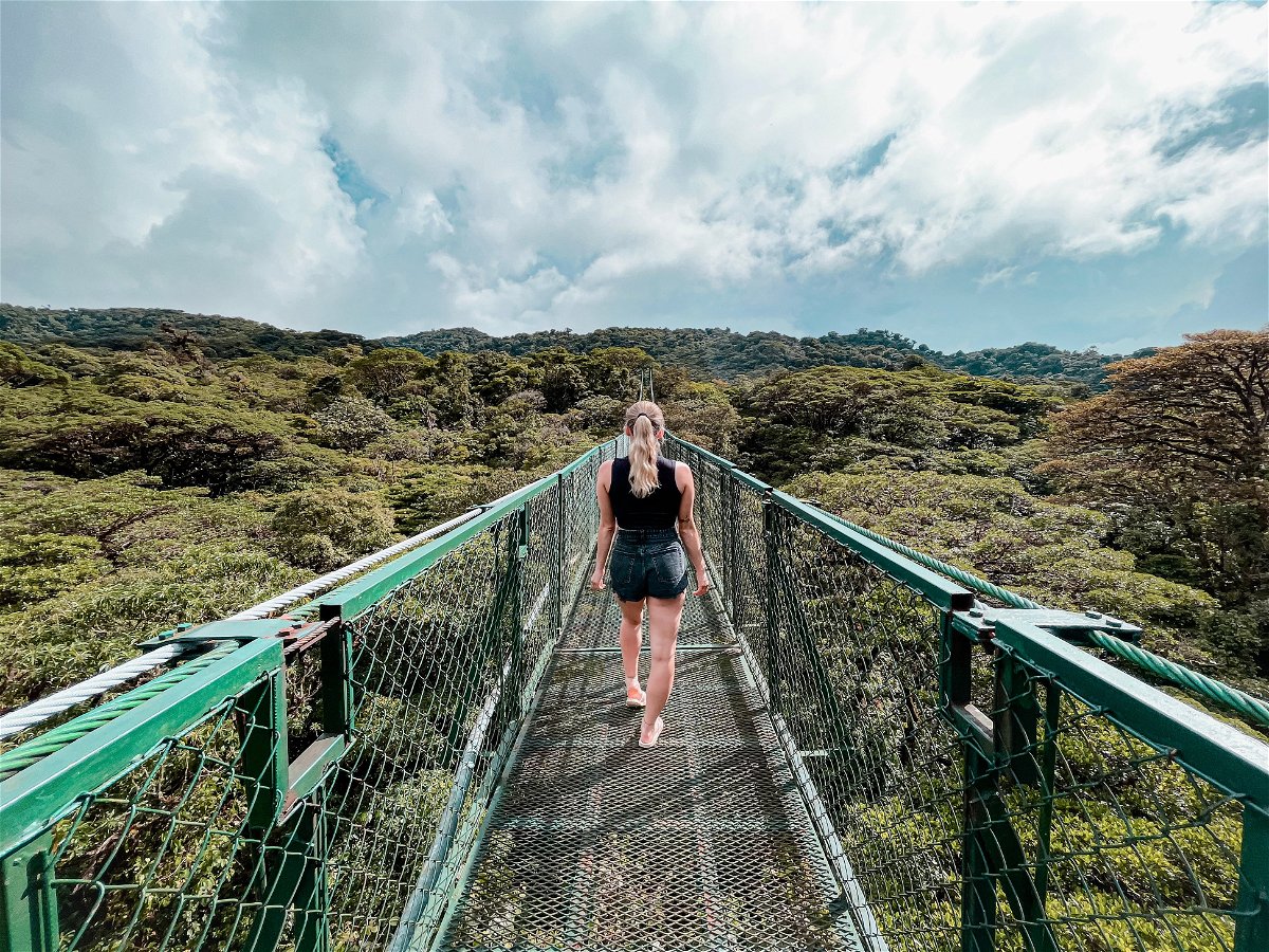 Traveller on bridge in Monteverde Cloud Forest, Costa Rica