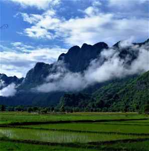 Rice fields and misty forested mountains in Laos